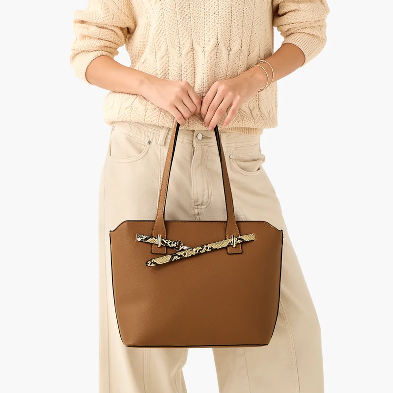 ساشا Brown Tote Bag with Animal Print Detail for Women